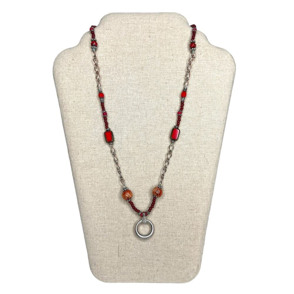 Vintage Chain and Beaded Necklace Silver Tone Red and Wooden Beads